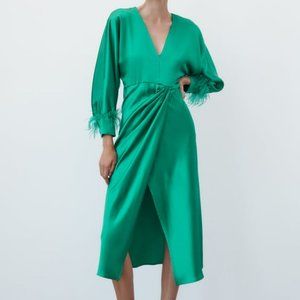 Zara Green FEATHERED SATIN EFFECT MIDI DRESS XL, XXL